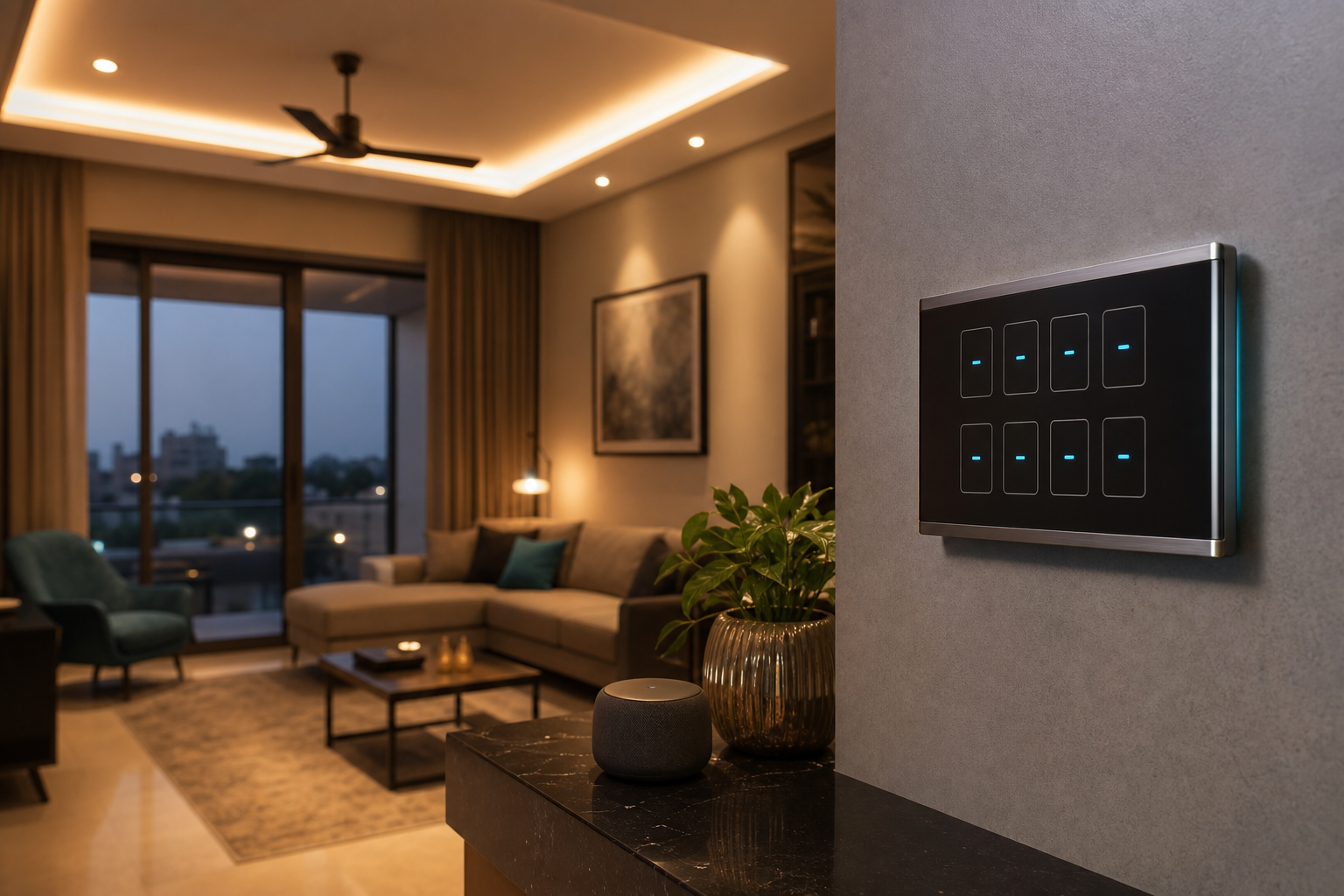 Smart home room with Zigbee smart switch panel and automated lighting